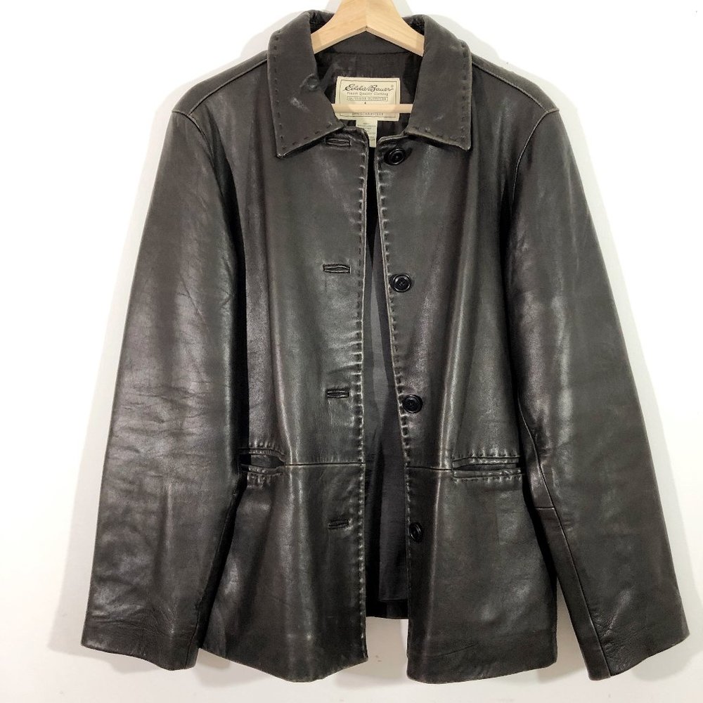 EDDIE BAUER Whipstitch Brown Leather Car Coat M